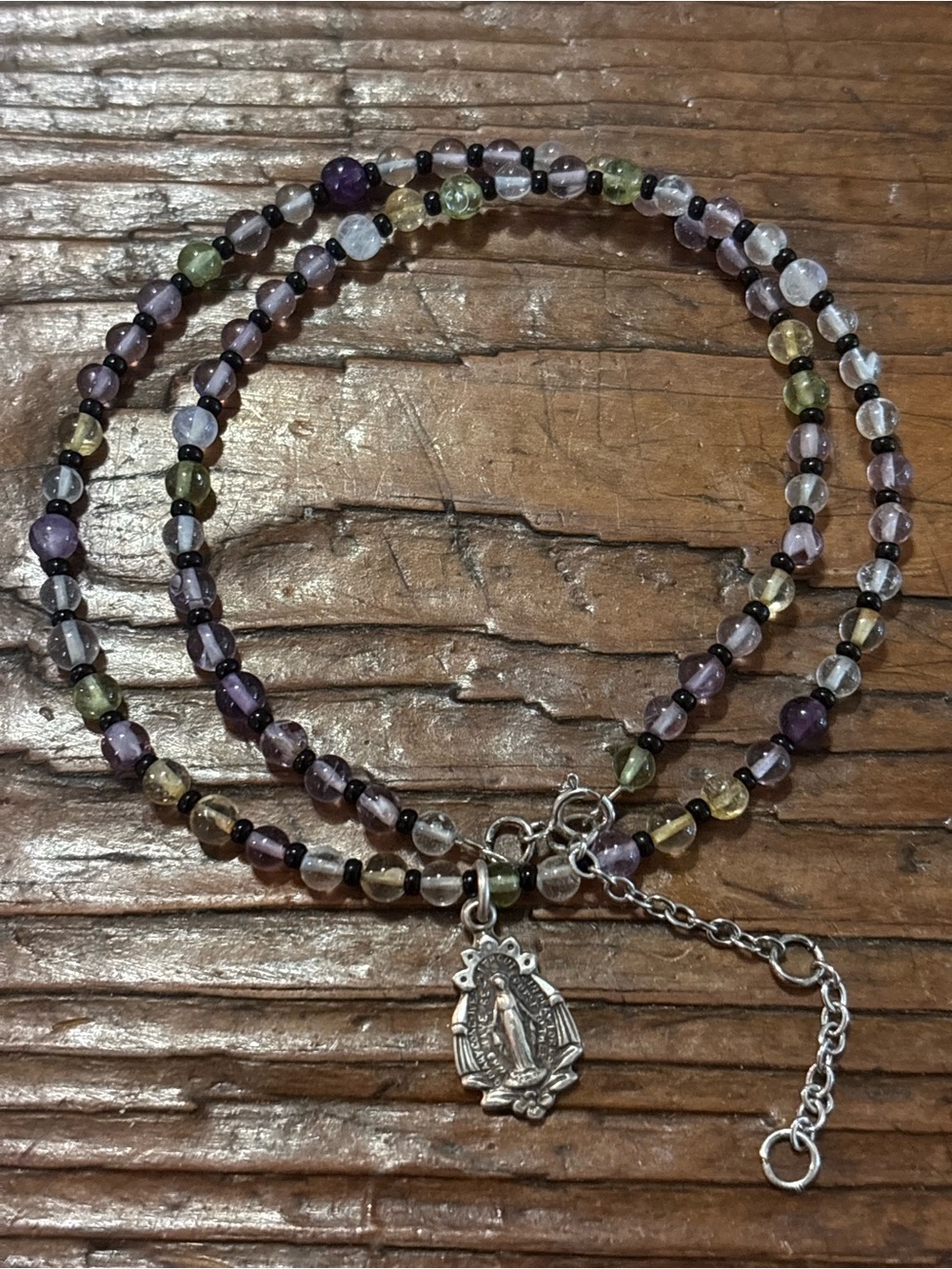 Beaded Multicolor Rosary-Style Necklace with Silver Charm